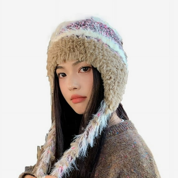ZQUUVOU Women's Boho Crochet Colorful Hat Tassel Braid Winter Knit Beanie with Ear Flaps A-Khaki