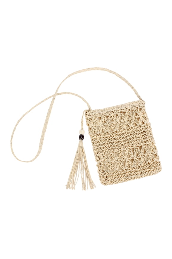 Women’s Boho Crochet Crossbody Bag Handmade Woven Rattan Tassel Shoulder Purse Summer Beach Mini Handbag