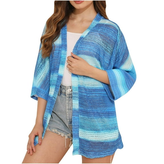Women's Boho Crochet Kimono Cardigan Lightweight Open Front Beach Cover-Up Stripweight Open Front Beach Cover-Up Striped Long Sleeve Summer Resort Cover Layer