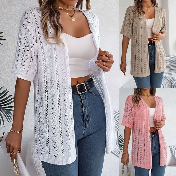 Women's Boho Crochet Knit Cardigan with Short Sleeves and Open Front Design Featuring Lightweight Textured Fabric Pink L