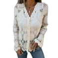 thumbnail image 1 of Women's Boho Crochet Knit Sweaters Long Sleeve Button Down Tops lace Cover Ups cardigan Beige M, 1 of 5