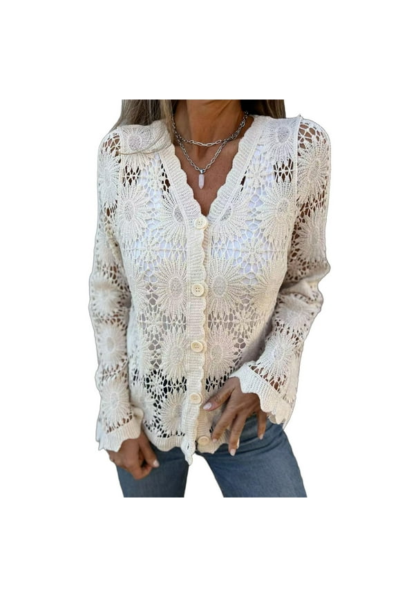 Women's Boho Crochet Knit Sweaters Long Sleeve Button Down Tops Lace Cover Ups cardigan Beige S