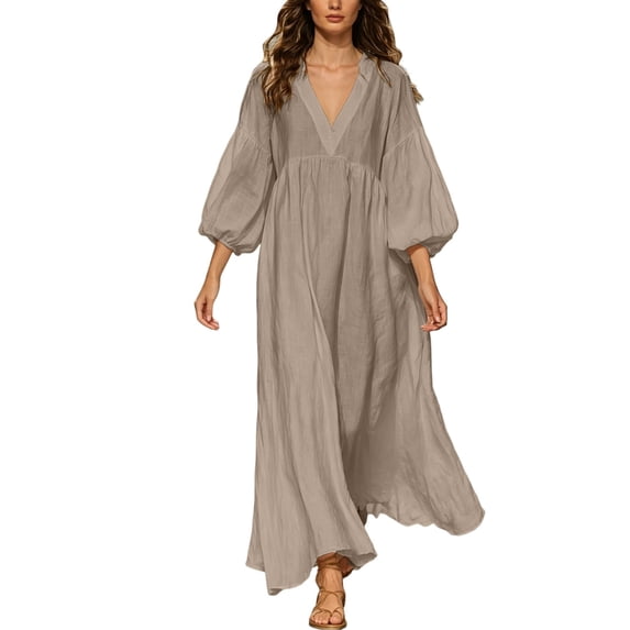 Women's Boho Deep V Neck Maxi Dress, Lantern Sleeve Loose Flowy Swing Dress, Solid Casual Vacation Beach Cover Up Dress for Summer Outfits Khaki XXL(XXL)