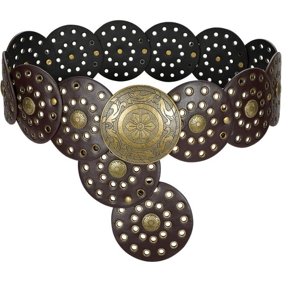 Women's Boho Disc Belt Western Leather Belt Vintage Concho Waist Belt for Dress Jeans