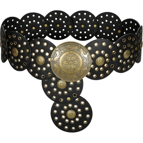 Women's Boho Disc Belt Western Leather Belt Vintage Concho Waist Belt for Dress Jeans