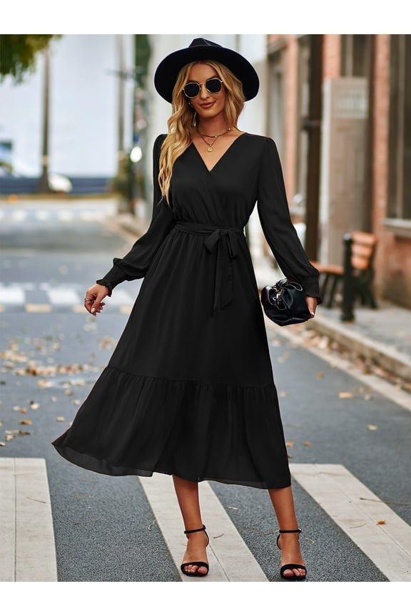 Women's Boho Dress Fall Long Sleeve Wrap V Neck Ruffle Flowy Maxi Spring Wedding Guest Vacation Dresses