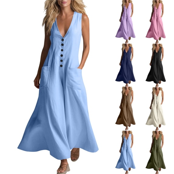 Women's Boho Dress Sleeveless Button Down Loose Flowy Maxi Long With Pockets Casual Vacation