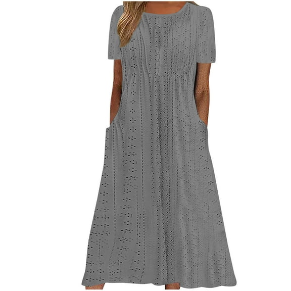 Women's Boho Dress Summer Crew Neck Short Sleeve Flowy Dress Eyelet Embroidery Solid Color Long Dresses with Pockets Gray,L