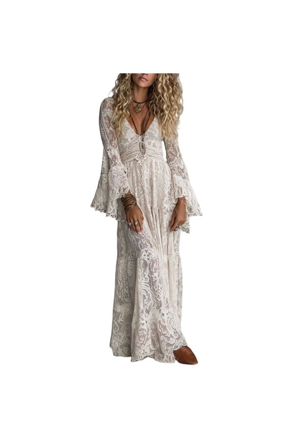 Women's Boho Dresses Fashionable V Neck Flare Long Sleeve Maxi Dress Elegant Flowy Wedding Guest Gown Lace Dresses for Women Beige 2XL