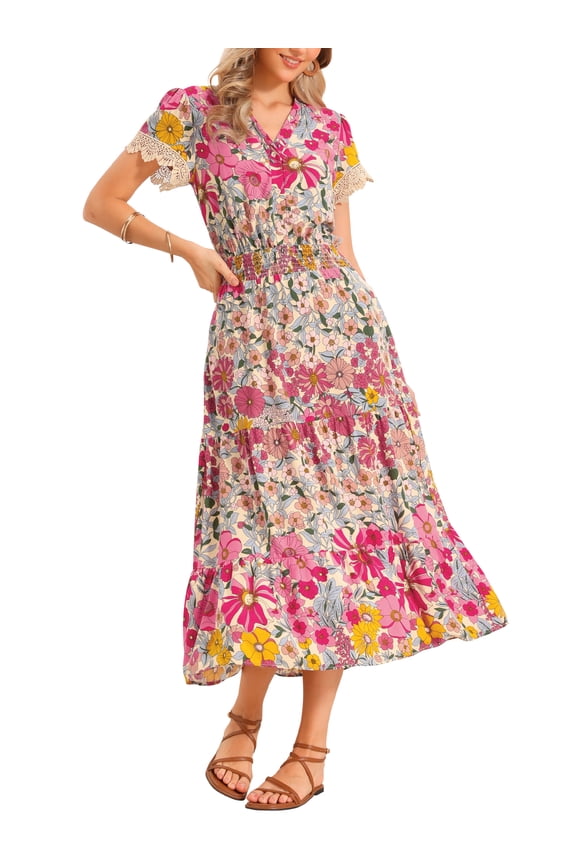 Women's Boho Dresses V Neck Cap Sleeve Smocked A-Line Floral Tiered Flowy Maxi Dresses S Pink