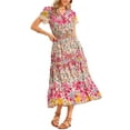 thumbnail image 1 of Women's Boho Dresses V Neck Cap Sleeve Smocked A-Line Floral Tiered Flowy Maxi Dresses XS Pink, 1 of 6