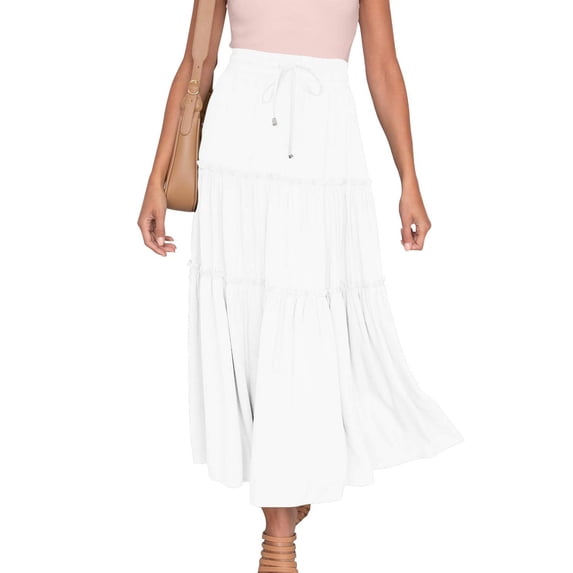 Women's Boho Elastic High Waist A Line Ruffle Swing Beach Maxi Skirt with Pockets
