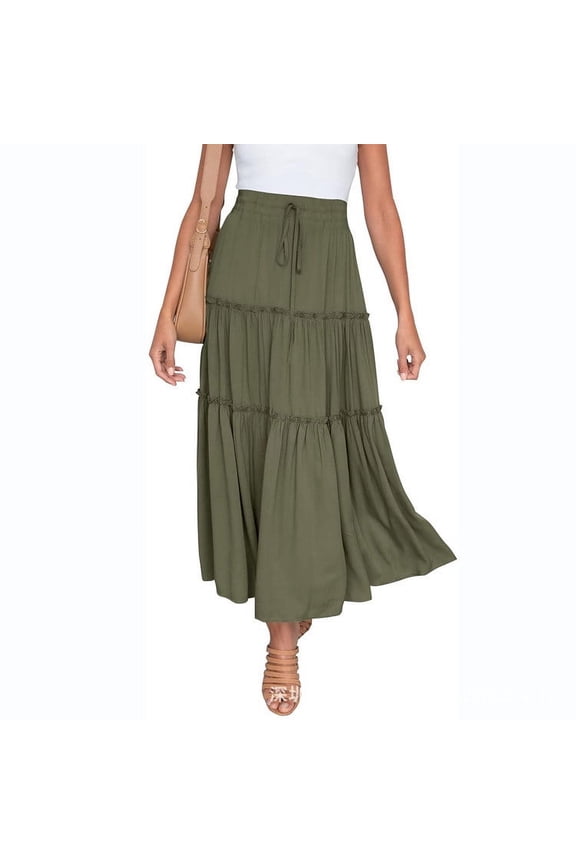 Women's Boho Elastic High Waist A Line Ruffle Swing Beach Maxi Skirt with Pockets