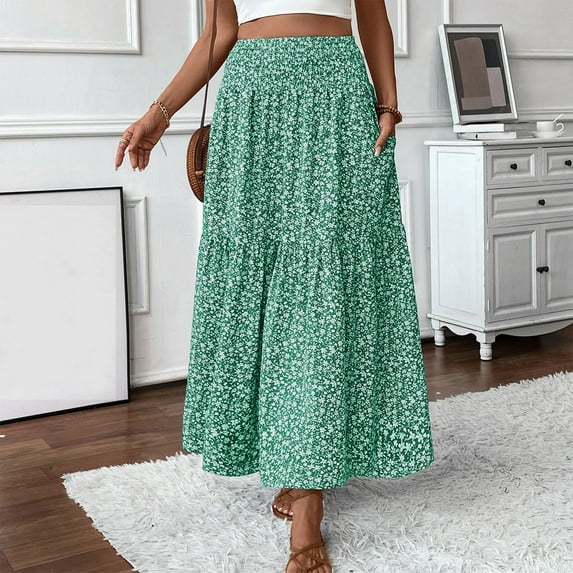 Long Skirts for Women Boho Floral High Waisted Casual A Line Skirt Pleated Beach Flowy Swing Maxi Skirt with Pockets Green S
