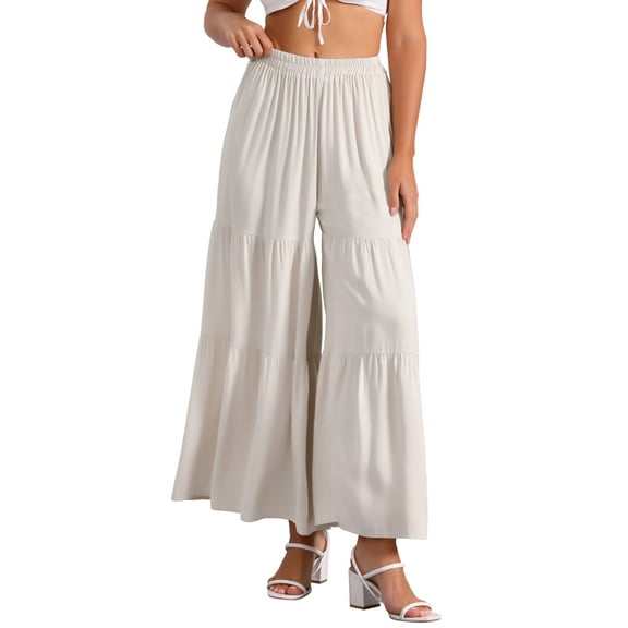 INSPIRE CHIC Women's Boho Pants Elastic High Waist Ruffled Flare Palazzo Chic Wide Leg Pants L Beige