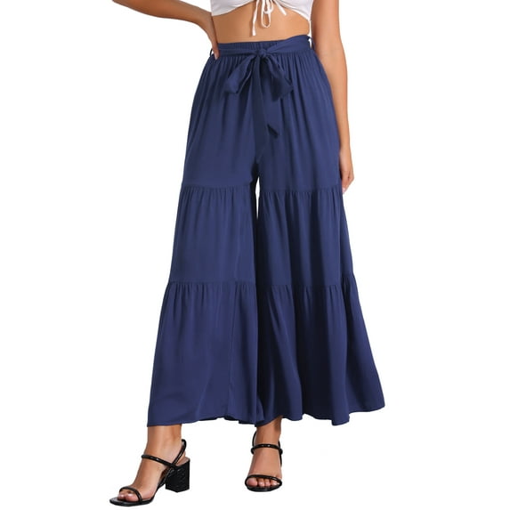 INSPIRE CHIC Women's Boho Pants Elastic High Waist Ruffled Flare Palazzo Chic Wide Leg Pants S Dark Blue
