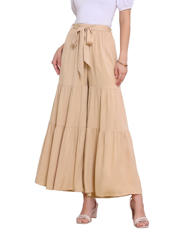 Women's Boho Pants Elastic High Waist Ruffled Flare Palazzo Chic Wide Leg Pants S Light Khaki