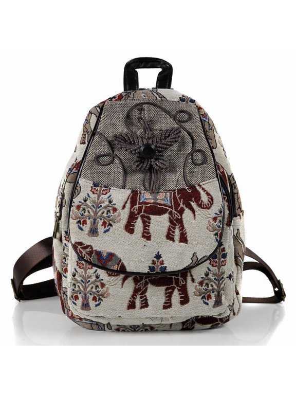 Womens Boho Elephant Print Backpack, Vintage Ethnic Canvas Daypack, Retro MultiWay Shoulder Handbag