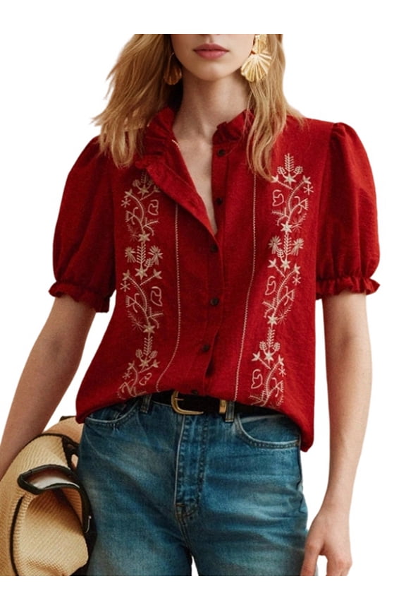 Women's Boho Embroidered Blouse Puff Short Sleeve Button Up Summer Peasant Top Red XL