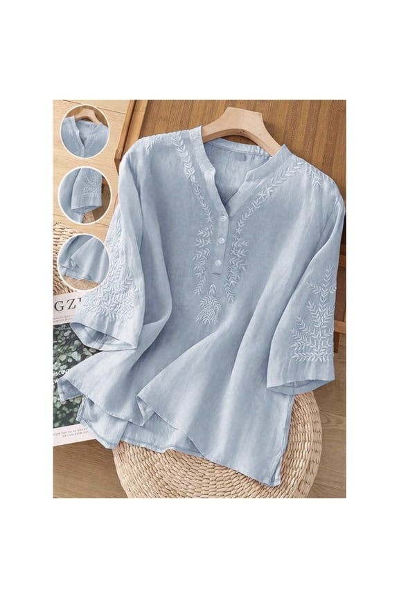 Women's Boho Embroidered Half Sleeve Blouse Loose Fit Mandarin Collar Casual Top