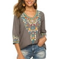 thumbnail image 1 of Women's Boho Embroidered Peasant Tops 3/4 Sleeve V Neck Mexican Bohemian Shirts  Summer Shirts, 1 of 6