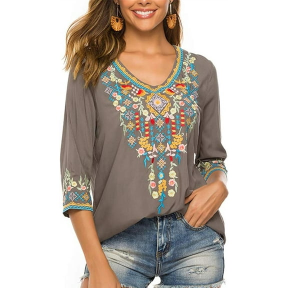 Women's Boho Embroidered Peasant Tops 3/4 Sleeve V Neck Mexican Bohemian Shirts Summer Shirts
