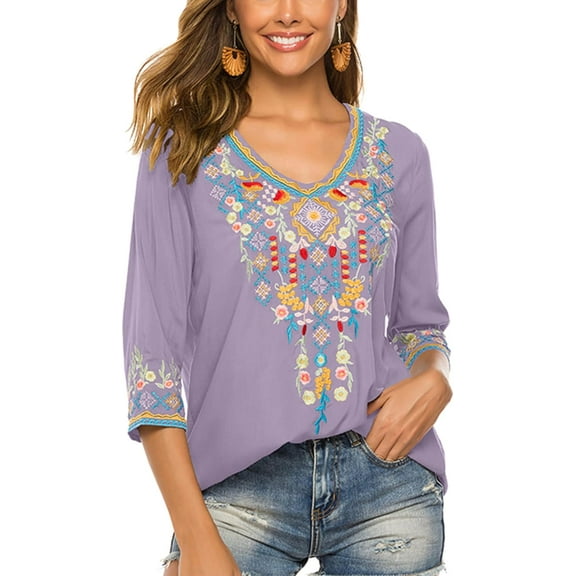 Women's Boho Embroidered Peasant Tops 3/4 Sleeve V Neck Mexican Bohemian Shirts  Summer Shirts