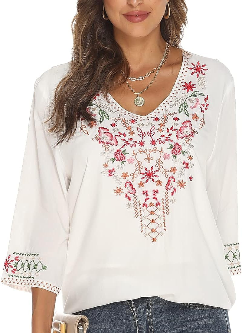 Women's Boho Embroidered Tops 3/4 Sleeve Mexican Peasant Shirts ...