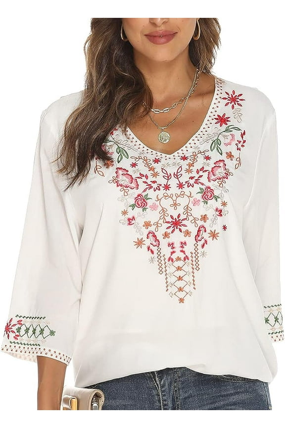 Women's Boho Embroidered Tops 3/4 Sleeve Mexican Peasant Shirts Bohemian Loose Tunic Blouses