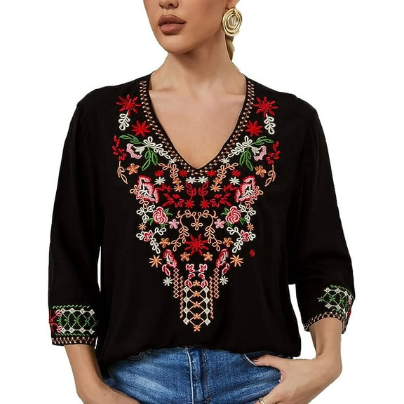 Women's Boho Embroidered Tops 3/4 Sleeve Mexican Peasant Shirts Bohemian Loose Tunic Blouses