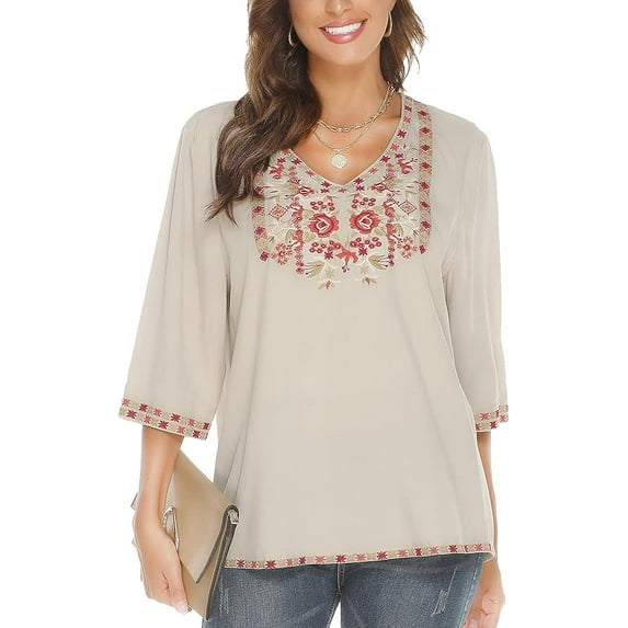 Women's Boho Embroidered Tops 3/4 Sleeve Mexican Peasant Shirts Bohemian Loose Tunic Blouses