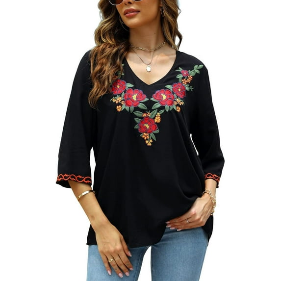 Women's Boho Embroidered Tops 3/4 Sleeve Mexican Peasant Shirts Bohemian Loose Tunic Blouses