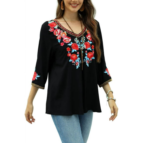 Women's Boho Embroidered Tops 3/4 Sleeve Mexican Peasant Shirts Bohemian Loose Tunic Blouses