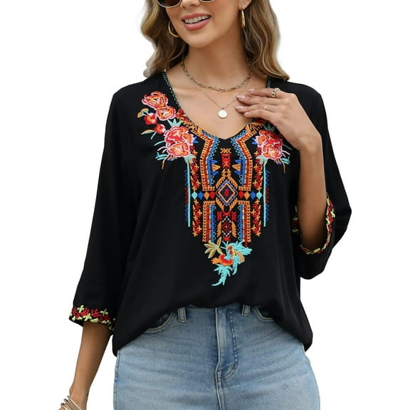 Women's Boho Embroidered Tops 3/4 Sleeve Mexican Peasant Shirts Bohemian Loose Tunic Blouses