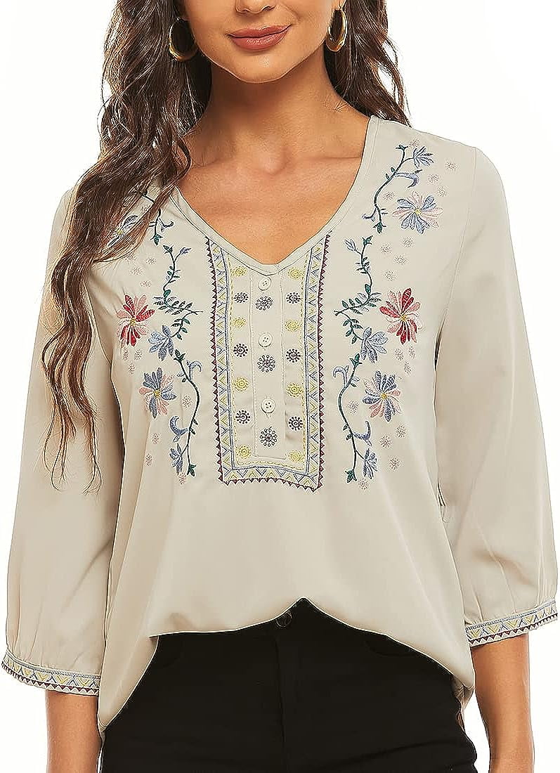 Chic Women's Boho Embroidered Tops, 3/4 Sleeve Mexican