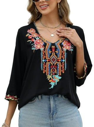 Embroidered Tops for Women Summer Boho Choth Mexican Bohemian Peasant Tops  Loose 3/4 Sleeves Shirts Blouse Top