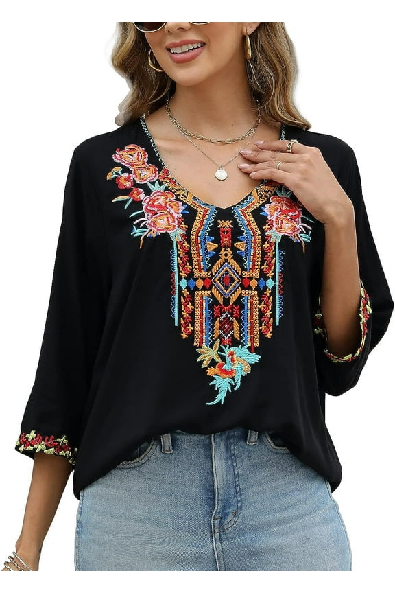Women's Boho Embroidered Tops 3/4 Sleeve Mexican Peasant Shirts Bohemian Loose Tunic Blouses