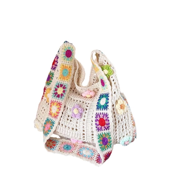Women's Boho Embroidery Crossbody Bag, 13x16.5'' Hollow Out Crochet Knit Shoulder Bag Tote Handbag (Beige, 3D Flower)
