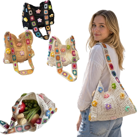 Women's Boho Embroidery Crossbody Bag Hollow Out Crochet Knit Shoulder Bag Tote Handbag