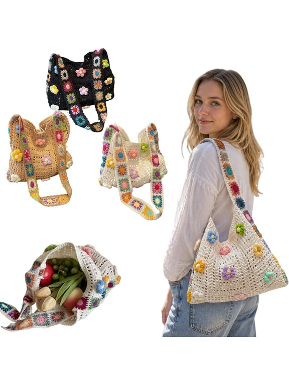 Women's Boho Embroidery Crossbody Bag Hollow Out Crochet Knit Shoulder Bag Tote Handbag