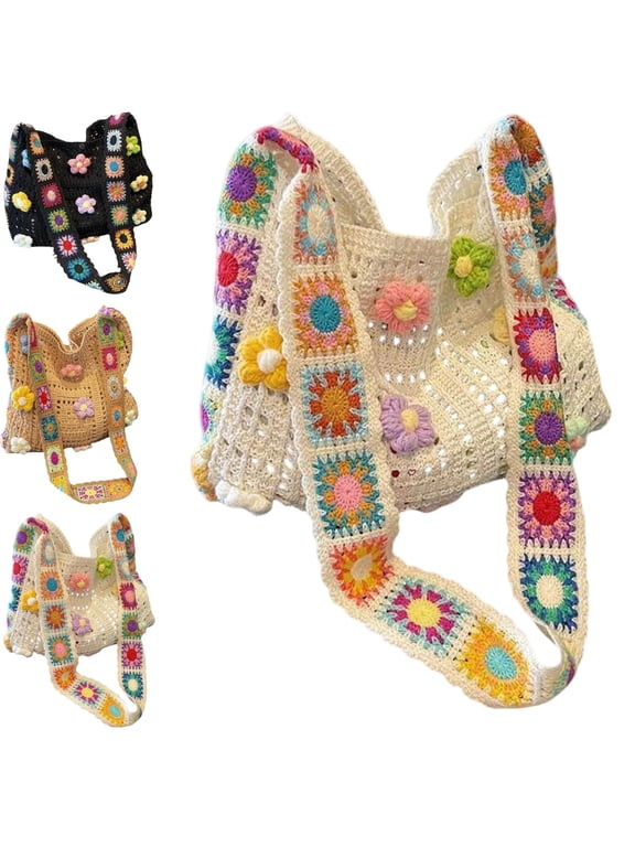 Women's Boho Embroidery Crossbody Bag, Women’s Crochet Ethnic Shoulder Bag, Hollow Out Knit Tote Handbag, Floral Pattern Summer Shoulder Bag for Vacation Shopping Outdoor Activities,Black,White
