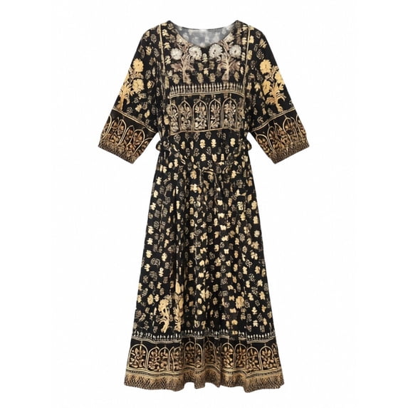 Women's Boho Ethnic Print Maxi Dress Crew Neck Flared Sleeve Golden Belted Vacation Beach Swing Dress