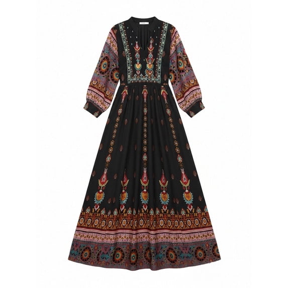 Women's Boho Ethnic Print Maxi Dress Long Sleeve Notch V Neck Black Engineered Border Swing Resort Dress