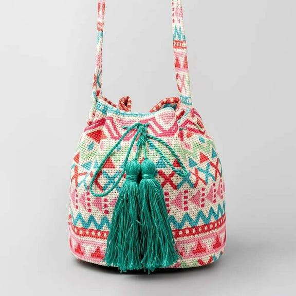 Women's Boho Ethnic-Style Cotton Shoulder Bucket Bag with ral Pattern