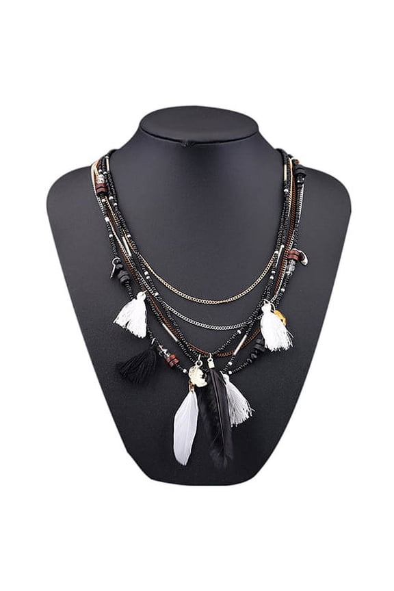 Women's Boho Ethnic Style Feathers Tassels Beads Multi-layer Chain Necklace