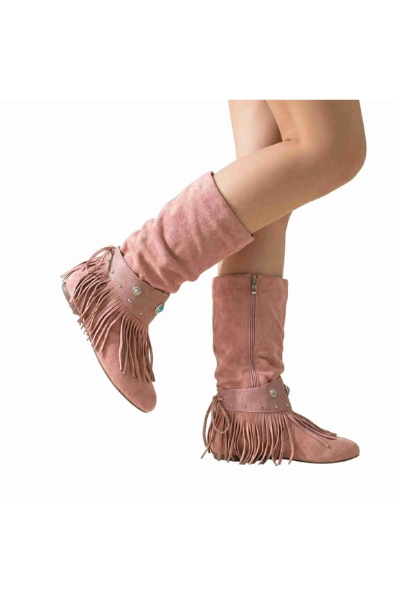 Women's Boho Faux Suede Slouch Boots - Knee-High Fringe Boots with Studded Ankle Strap & Side Zipper, Soft Flat Boots for Fall & Winter