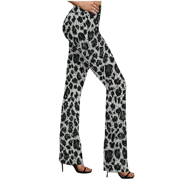Women's Boho Flare Leggings Leopard Print Elastic High Waist Palazzo Pants Stretchy Bell Bottom Casual Yoga Tights, White, XL