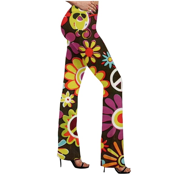Women's Boho Flare Leggings Trendy Printed Elastic High Waist Palazzo Pants Stretchy Bell Bottom Casual Yoga Tights, Yellow, S