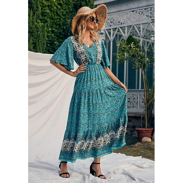 Women's Boho Flared Sleeve Paisley Maxi Dress - Walmart Business Supplies