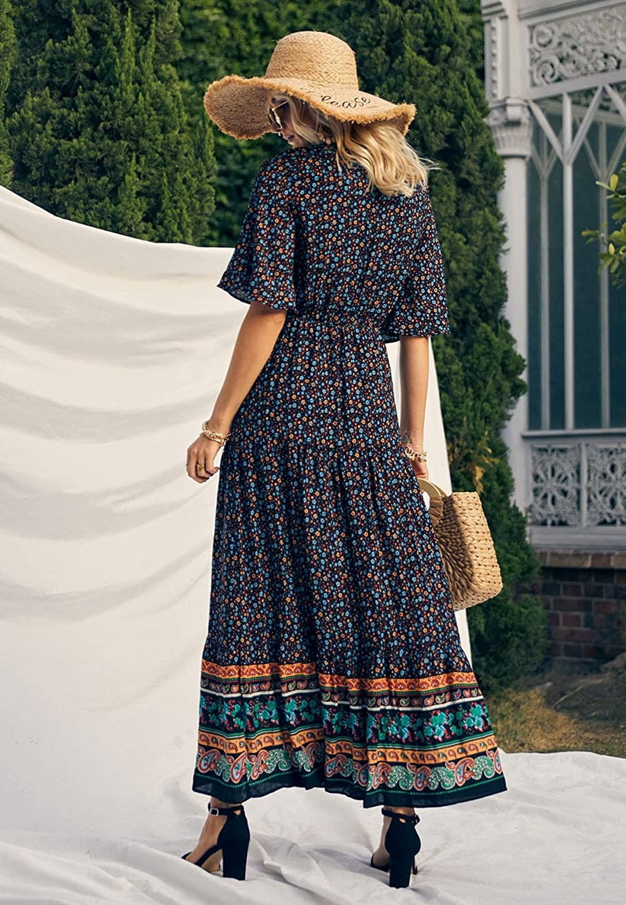 blue dress for baby girl Blue Boho Paisley Print Off Shoulder Maxi Dress Blue / L / 100%Viscose